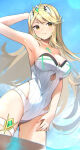 1girl alluring arm_behind_head big_breasts bikini blonde_hair blush closed_mouth commentary_request high_res long_hair looking_at_viewer meyamu mythra nintendo one-piece_bikini outside sky swimsuit xenoblade_(series) xenoblade_chronicles_2 yellow_eyes