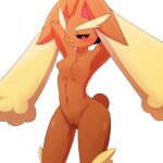 arms_behind_head breasts cleft_of_venus creatures_(company) female_focus furry furry_female game_freak lopunny nintendo nipples nude pokemon_(game) pussy red_eyes seductive_smile simple_background sum white_background