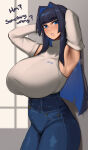 1girl alternate_breast_size armpits arms_up blue_eyes blue_hair blue_pants blush breasts colored_inner_hair denim detached_sleeves grey_shirt grey_sleeves hair_intakes high_res hololive hololive_english hololive_english_-council- huge_breasts jeans long_hair looking_at_viewer multicolored_hair ouro_kronii pants roresu shirt sidelocks text thick_thighs thighs virtual_youtuber wide_hips