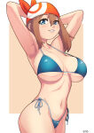  1girl 1girl 1girl alluring big_breasts bikini bikini_bottom bikini_top blue_bikini blue_eyes bottomwear brown_hair cleavage female_only game_freak gez1313 hair hands_behind_head headband headwear may may_(pokemon) pokemon pokemon_rse smile solo_female swimwear topwear 