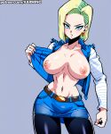 1girl ai_generated android_18 big_breasts blonde_female blonde_hair blue_eyes breasts breasts_out dragon_ball dragon_ball_super dragon_ball_z female_only jacket karmino no_bra only_female