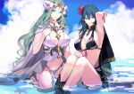  2_girls alluring bare_legs bare_shoulders beach big_breasts bikini black_bikini black_cape blue_eyes blue_sky blush byleth_(fire_emblem) byleth_(fire_emblem)_(female) byleth_(summer)_(fire_emblem)_(female) cape cleavage closed_mouth cloud collarbone commentary_request day fire_emblem fire_emblem:_three_houses fire_emblem_heroes flower green_eyes green_hair hair_between_eyes hair_flower hair_ornament hand_on_own_chest hand_up kneel long_hair looking_at_viewer midriff multiple_girls navel nintendo ocean official_alternate_costume outside revision rhea_(fire_emblem) rhea_(summer)_(fire_emblem) ribbon sidelocks sitting sky smile sparkle swimsuit teal_hair tiara tsukimura_noe water weapon white_bikini wrist_ribbon 