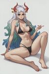  1girl big_ass big_breasts bikini blue_hair cute earrings green_hair horns long_hair posing prixmal seductive spread_legs white_hair yamato_(one_piece) 