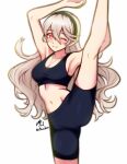  1girl 1girl ;) alluring alternate_costume black_hairband cleavage commission corrin_(fire_emblem) corrin_(fire_emblem)_(female) fire_emblem fire_emblem_fates flexibility grey_hair hair_between_eyes hairband high_kicking kick ko-fi_commission leg_lift long_hair looking_at_viewer medium_breasts nintendo one_eye_closed pointy_ears red_eyes rotomdocs sideboob smile split split_kick sportswear standing standing_on_one_leg standing_split 