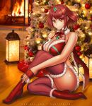  1girl alluring big_breasts boots christmas cleavage core_crystal female_only hybridmink lingerie milf nintendo pyra red_eyes red_hair santa_hat santa_lingerie short_hair thighhigh_socks xenoblade_(series) xenoblade_chronicles_2 