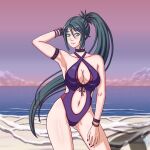  1girl alluring bare_legs beach big_breasts cleavage fire_emblem green_eyes green_hair kiria_kurono nintendo ocean one-piece_bikini pin_up sokloeum sunset tokyo_mirage_sessions_#fe 