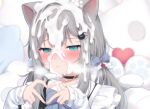 1girl 1girl animal_ears blue_eyes cum facial grey_hair nachoneko virtual_youtuber