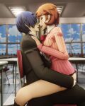 1boy 1girl blue_hair brown_hair couple cowgirl_position french_kiss minato_arisato persona_3 sex yukari_takeba yuuki_makoto