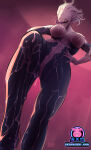  1girl 2021 alien big_breasts biosuit black_cat_(marvel) black_cat_(web_of_shadows) breasts dripping eyeless felicia_hardy hands_on_waist long_tongue looking_down marvel multicolored_body navel nipple_bulge nipples pussy saliva saliva_drip sexgazer sharp_teeth spider-man:_web_of_shadows spider-man_(series) symbiote tentacle_hair tongue_out viewed_from_below white_hair 