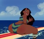 ass big_ass bikini black_hair bubble_butt disney long_hair looking_at_viewer looking_back ocean shiny shiny_skin solo solo_female solo_focus surfboard surfer_girl two_piece_swimsuit wide_hips