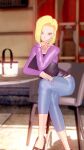  1girl 1girl android_18 big_breasts blonde_hair breasts crossed_legs dragon_ball dragon_ball_super female_pervert medium_hair pervert sex_invitation sexually_suggestive short_hair 