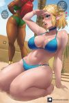  2_girls absurd_res alluring ass bikini blonde_hair blush bra butt_crack cleavage collarbone dark-skinned_female dark_skin echo_saber english_text heart high_res multiple_girls navel nintendo open_mouth palm_tree pointy_ears ponytail princess_zelda red_hair sand seiza sitting standing sweat swimsuit the_legend_of_zelda the_legend_of_zelda:_tears_of_the_kingdom thick_thighs thighs tree underwear urbosa 