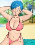  armpits beach big_breasts bikini blue_hair breasts bulma_brief dragon_ball dragon_ball_super earrings female_pervert panties pervert pink_bikini pink_panties public_indecency sex_invitation sexually_suggestive short_hair 