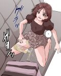  1girl barefoot brown_hair car_interior kinagirea kneel missed_shot original original_character pee peeing peeing_self skirt spread_legs translation_request 