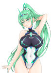  1girl absurd_res alluring bare_legs big_breasts chest_jewel competition_swimsuit covered_erect_nipples covered_navel feichu_keju gem greek_text green_eyes green_hair high_res impossible_clothes impossible_swimsuit long_hair nintendo one-piece_bikini pneuma_(xenoblade) ponytail simple_background swept_bangs swimsuit tiara very_long_hair white_background xenoblade_(series) xenoblade_chronicles_2 