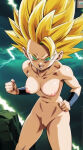  blonde_hair caulifla dragon_ball_super green_eyes looking_at_viewer medium_breasts nekom14 nipples pussy spread_legs super_saiyan super_saiyan_2 