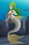  1girl breasts column columns female female_only fin_ears gold_bracelet gold_bracelets gold_jewelry gold_necklace green_eyes green_hair kid_icarus long_green_hair long_hair long_ponytail looking_at_viewer mermaid mermaid_tail monster_girl mythkaz nintendo palutena ponytail shell_bikini solo underwater yellow_fins 