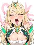  1girl alluring bare_shoulders big_breasts blonde_hair blush cleavage core_crystal heart-shaped_pupils mythra oral_invitation tongue tongue_out xenoblade_(series) xenoblade_chronicles_2 yoshikirino 