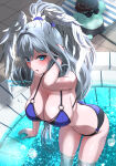  1boy 1girl absurd_res alluring bikini black_swim_trunks blue_bikini blue_eyes cleavage grey_hair head_wings high_res looking_at_viewer male_swimwear melia_antiqua mercury_xeno nopon pool riku_(xenoblade) sunglasses swim_trunks swimsuit water wings xenoblade_(series) xenoblade_chronicles_3 