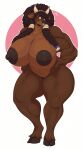  1girl big_ass big_breasts bovine brown_hair brown_skin horns long_hair minotaur posing seductive shy smile tail tall_female tribal 