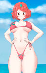 1girl alluring bare_legs beach big_breasts bikini chronosth1 clouds gummslime hand_on_hip highleg highleg_bikini highleg_swimsuit looking_at_viewer midriff navel nintendo ocean outside pin_up pyra red_bikini red_eyes red_hair red_swimsuit short_hair side-tie_bikini side-tie_swimsuit sky swimsuit tiara water xenoblade_(series) xenoblade_chronicles_2