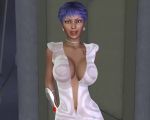 1girl animated arms_behind_back big_breasts blue_eyes blue_hair bouncing_breasts breasts cleavage dress earrings huge_breasts looking_at_viewer open_mouth short_hair six_(tripping_the_rift) tattoo tripping_the_rift webm