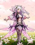 1girl 1girl :d alluring aversa_(fire_emblem) aversa_(fire_emblem)_(cosplay) aversa_(resplendent)_(fire_emblem) big_breasts bridal_gauntlets center_opening cleavage cosplay falling_petals fire_emblem fire_emblem_awakening fire_emblem_heroes flower full_body grass grey_hair long_hair long_sleeves navel nintendo open_mouth petals pink_background rein_creamsoda robin_(fire_emblem) robin_(fire_emblem)_(female) smile stockings twin_tails twitter_username white_hair yellow_eyes zettai_ryouiki