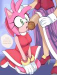 1futa 1girl 2girls amy_rose anthro breasts clothing dialogue duo english_text eulipotyphlan female footwear furry futanari futanari_on_female futanari_with_female hand_on_head hedgehog high_heels highres imminent_fellatio kneel mammal penis precum saltwatertoffee sega shoes sonic_*(series) sonic_the_hedgehog_(series) speech_bubble text vanilla_the_rabbit video_games