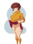 1girl big_breasts big_breasts breasts brown_hair erect_nipples female_only female_penetrated freckles hanna-barbera hourglass_figure inker_comics inkershike nipple_bulge panties_down pussy pussy scooby-doo shaved_pussy short_hair skirt skirt_lift socks standing tagme turtleneck_sweater velma_dinkley wide_hips