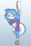 1girl 2020 anthro blue_skin cetacean clothing dolphin exposed_crotch fan_character fours_(artist) gloves gradient_background looking_at_viewer mammal marine multicolored_skin navel one_leg_up original_character purple_clothing shoes smile sonic_legacy sonic_oc sonic_the_hedgehog_(series) stretching tail tempest_the_dolphin tight_clothing toothed_whale yellow_eyes yoga_pose