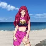  1girl alluring bare_legs bikini cleavage fire_emblem fire_emblem_engage nintendo pareo pin_up red_eyes red_hair sokloeum yunaka_(fire_emblem) 