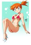 1girl 1girl alluring asymmetrical_hair bare_shoulders bikini blush cowboy_shot creatures_(company) danmakuman female_focus game_freak gen_1_pokemon green_eyes hair_tie high_res kasumi_(pokemon) legs looking_at_viewer medium_breasts misty misty_(pokemon) navel nintendo open_mouth orange_hair pokemon pokemon_(anime) pokemon_(classic_anime) ponytail pussy red_bikini shiny_skin shirt short_hair side_ponytail simple_background sitting swimsuit thighs underwear