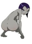  1girl anus ass barefoot bob_cut bubble_butt dat_ass dc_comics forehead_jewel goth grey_skin half-closed_eyes medium_breasts nude open_mouth pervyjimmy purple_eyes purple_hair pussy rachel_roth raven_(dc) teen_titans 