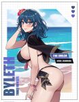  1girl alluring ass big_breasts bikini blue_eyes byleth_(fire_emblem) byleth_(fire_emblem)_(female) byleth_(summer)_(fire_emblem)_(female) female_only fire_emblem fire_emblem:_three_houses fire_emblem_heroes nintendo pin_up rein_creamsoda sideboob teal_hair 