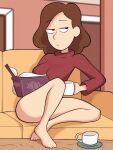  1girl bangs barefoot black_eyes blurry book bored bored_expression bottomless breasts brown_hair chair closed_mouth clothing couch cup feet female_only half-closed_eyes hilda_(series) holding holding_book holding_cup indoors jitome johanna_(hilda) legs long_hair long_sleeves looking_to_the_side medium_breasts medium_hair mug newguy1091 open_book reading red_shirt red_sweater sitting sweater toes turtleneck turtleneck_sweater 