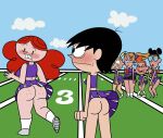 aged_up ass black_hair blonde_hair blush bottomless butt_freckles cheerleader covering covering_crotch dexter's_laboratory drink dualityiris embarrassed embarrassed_nude_female embarrassing enf football_field freckles glasses going_commando looking_back looking_down mindy_(billy_&_mandy) multiple_girls no_panties orange_hair powerpuff_girls princess_morbucks skirt skirt_lift soda wind wind_lift