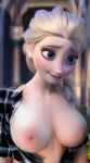  1girl 3d areola areolae big_breasts blonde_hair blue_eyes blurry blurry_background blush braid braided_hair breasts depth_of_field disney elsa elsa_(frozen) female female_solo frozen_(movie) huge_breasts light-skinned_female light_skin long_hair nipples no_bra open_mouth open_shirt rastifan smile solo solo_female unbuttoned unbuttoned_shirt upper_body 