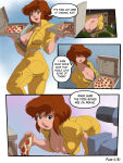  1girl april_o&#039;neil april_o&#039;neil_(tmnt_1987) big_breasts bra breasts brown_hair cleavage clothing comic coolerinker electronics english_text female_focus human inker_comics inkershike jumpsuit page_1 page_number pale_skin teenage_mutant_ninja_turtles television thick_thighs tmnt_1987 unzipped_bodysuit wide_hips wristwear 