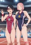  2girls bare_legs big_breasts black_hair boruto:_naruto_next_generations gold_medal grey_eyes leotard milf mother_&amp;_daughter naruto nyxworks_(artist) pink_hair sakura_haruno sarada_uchiha silver_medal small_breasts tagme 