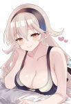 1girl 1girl absurd_res alluring big_breasts black_hairband blush cleavage closed_mouth collarbone commentary_request corrin_(fire_emblem) corrin_(fire_emblem)_(female) eyelashes fire_emblem fire_emblem_fates grey_hair hair_between_eyes hairband heart high_res long_hair looking_at_viewer loose_hair_strand lying n_54 nintendo on_stomach pointy_ears red_eyes red_pupils simple_background smile white_background