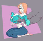 1girl 1guy anonymous_male areola biting_lip blouse blue_areola blue_eyes cartoon_network clothed disembodied_hands erect_nipples_under_clothes forehead_jewel gem_(species) grabbing_from_behind hair_down huge_breasts kneel leggings light_skin long_nose looking_pleasured medium_hair muscular_male navel pearl_(steven_universe) pink_hair simple_background slippers small_waist steven_universe voluptuous wide_hips