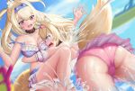  2_girls ass bikini blonde_hair blue_eyes digital_drawing_(artwork) digital_media_(artwork) fanart fuwamoco hololive pareo purple_eyes swimming_pool tagme wet yuri 