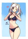  1girl 1girl alluring alternate_costume artist_name bikini black_bikini blue_background border cleavage fire_emblem fire_emblem_awakening halterneck heart heart_hands high_res looking_at_viewer medium_breasts navel nintendo o-ring o-ring_bikini o-ring_bottom o-ring_top one_eye_closed outside_border robin_(fire_emblem) robin_(fire_emblem)_(female) rotomdocs signature smile swimsuit twin_tails under_boob white_border white_hair 