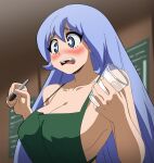 1girl absurd_res apron apron_only big_breasts blue_eyes blue_hair blush breasts cleavage clothed clothed_female clothes clothing coffee_shop coolerinker embarrassed eyelashes female_only front_view green_apron hadou_nejire hair high_res holding_cup holding_object holding_pen human iced_latte_with_breast_milk inker_comics inkershike light-skinned_female light_skin long_hair menu menu_board my_hero_academia nejire_hado nervous nervous_sweat open_mouth pen sharpie sweat sweatdrop teeth tongue upper_body