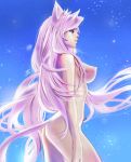 1girl 1girl 1girl animal_ears ass big_breasts black_hanekawa blue_background breasts cat_girl cat_tail hanekawa_tsubasa long_hair monogatari_(series) nekomimi nipples nude open_mouth standing tail taiss14 very_long_hair white_hair yellow_eyes