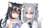  2_girls black_hair blue_eyes cum facial grey_hair nachoneko yellow_eyes yoru_yoichi 