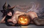 ahri animal_ears areola artist_name ass bare_shoulders bell black_hair braid breasts clitoral_hood collar eollynart facial_mark freckles halloween halloween_costume happy_halloween hat hips league_of_legends leggings legs lips long_hair makeup nail_polish nipples nude one-piece_swimsuit pussy stockings stockings swimsuit tail tied_hair uncensored vagina_peek witch_hat