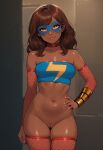  1girl ai_generated belly_button_piercing bottomless brown_hair collar dark-skinned_female exposed_pussy fishnet_armwear fishnet_legwear fishnet_stockings fishnets hand_on_hip kamala_khan long_hair looking_at_viewer marvel marvel_comics mask masked_female ms._marvel muslim_female no_panties no_pants older older_female pakistani_female superheroine tubetop young_adult young_adult_female young_adult_woman 