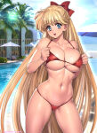 1girl aino_minako alluring bare_arms bare_shoulders big_breasts bikini bishoujo_senshi_sailor_moon blonde_hair blue_eyes bowbreasts_squeezed_together collarbone commentary_request contrapposto cowboy_shot day hair_bow halterneck high_res long_hair looking_at_viewer navel outside oyaman palm_tree parasol parted_lips photo_background pin_up pool poolside red_bikini red_bow smile standing stomach string_bikini swimming_pool swimsuit tree twitter_username umbrella under_boob very_long_hair water