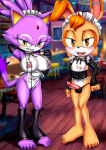 1girl abs anthro areola balls bbmbbf big_breasts black_nose blaze_the_cat breasts brown_eyes cream_the_rabbit crossgender diamond_level dipstick_tail domestic_cat erect_nipples erection feet felid feline felis furry furry_only genderswap genital_fluids genitals glasses intersex lagomorph looking_at_viewer maid maid_uniform male mobius_unleashed nipples orange_fur orange_hair palcomix penis pietros_secret_club pose posing purple_fur pussy_floss rabbit sega sonic_the_hedgehog_(series) tan_body tan_fur yellow_eyes